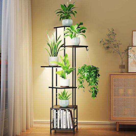 Homsorout Plant Stand Indoor with Grow Light - 6-Tier Metal Plant Shelf with Hanging Basket Hook, Corner Tall Flower Holder for Multiple Plants, Living Room Balcony Garden Patio, Black