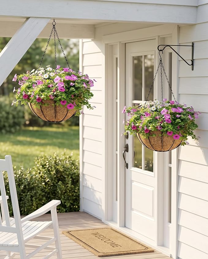 Kingbuy 10 Inch Hanging Planter Basket with Coconut Liner Wire Plant Holder Chain Flower Baskets Pot Hanger Home Garden Decoration for Indoor Outdoor, 2 Pack