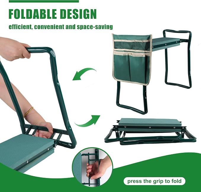 Garden Kneeler and Seat with EVA Foam Pad - Sturdy & Lightweight Foldable Gardening Bench Stool with Tool Bag Pouch, Practical Outdoor Kneeling and Sitting Tool (Green)
