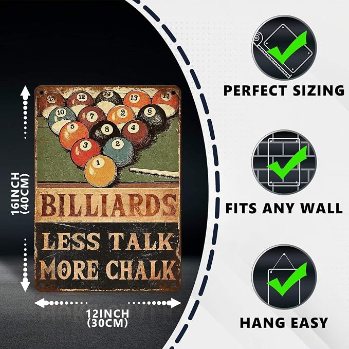 Retro Billiards Tin Sign Less Talk More Chalk Metal Wall Decor with 8 Ball & Pool Cue Decorations for Man Cave Game Room Basement Bar Pub Tavern Wall Art 16 * 12 In