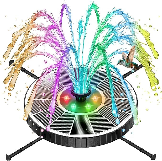 Solar Fountain with 3 Spray Height, Colorful Led Lights, 3.5W Glass Solar Bird Bath Water Fountain with 2000mAh Battery, 4 Rotating Rods and 7 Nozzles for Hummingbird Bathing, Outdoor Decor