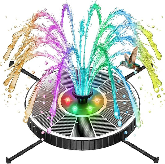 Solar Fountain with 3 Spray Height, Colorful Led Lights, 3.5W Glass Solar Bird Bath Water Fountain with 2000mAh Battery, 4 Rotating Rods and 7 Nozzles for Hummingbird Bathing, Outdoor Decor