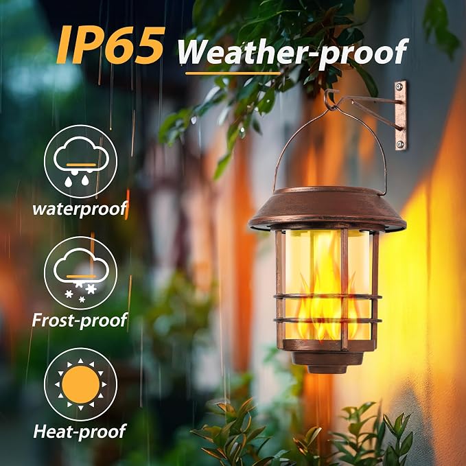 Otdair Solar Lanterns Outdoor Waterproof, 2 Pack Flickering Flames Wall Garden Decor , Hanging Solar Lights Wall Mount Decorations for Halloween, Front Porch, Patio, Yard, Bronze