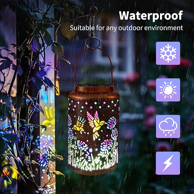 ODEETRONIC Solar Hummingbird Lantern with Colorful Projection - Hummingbird Birthday Gifts for Women Mom Grandma, Multicolor Hanging Lights Outdoor Waterproof, Solar Lantern Lights for Garden Patio