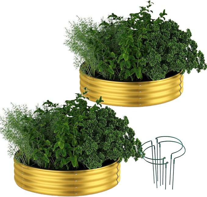 ZFHgarden Galvanized Metal Planter Round Raised Garden Bed Kit for Gardening Outdoor Galvanized Planter Outdoor 2PC Gold 2X2X1FT