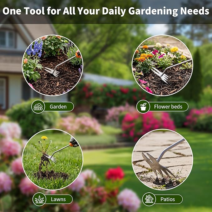 Hand Weeder Tool, Heavy Duty Stainless Steel Garden Weed Puller with 4-Tine & Root Removal Fork, Deep Root Weed Remover for Dandelion, Crabgrass & Thistle, Weeding Tool for Lawn Yard Farm (Orange)