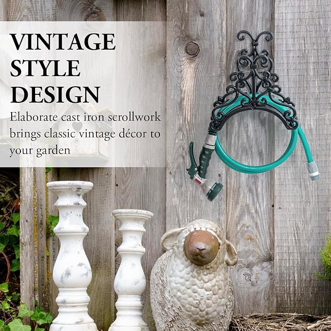 MyGift Brown Heavy Duty Cast Iron Outdoor Garden Hose Hanger Wall Mounted Water Hose Holder Reel with Vintage Scrollwork Design (Floral Pattern)