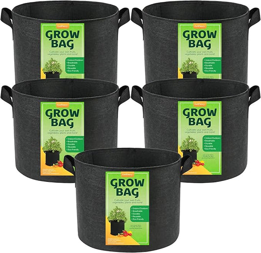 LotFancy 5 Pack 5 Gallon Grow Bags, 300G Thickened Nonwoven Fabric Pots with Reinforced Handles, Heavy Duty Aeration Planter Bags for Vegetables Flowers Fruits, Black