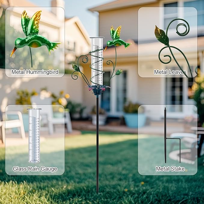Hummingbird Rain Gauge Outdoor, Metal Rain Gauge with Stake 8 Inch Rain Measure Gauge for Garden, Lawn, Fence, Patio