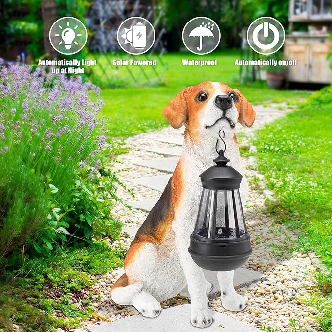 Garden Dog Statues Outdoor Decor, Solar Lights Outdoor Beagle Dog Statue Garden Decorations Solar Dog Ornaments for Patio, Lawn, Yard Art Decoration, Housewarming Garden Gift for Mom