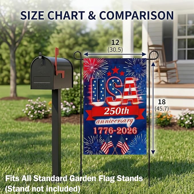250 Anniversary USA Garden Flag - 250 Years of Freedom Double Sided 3-Ply American Patriotic Flags 1776-2026, UV Protection Fade Resistant 12x18 Inch Yard Flag Commemorative Merchandise for Outdoor Celebration