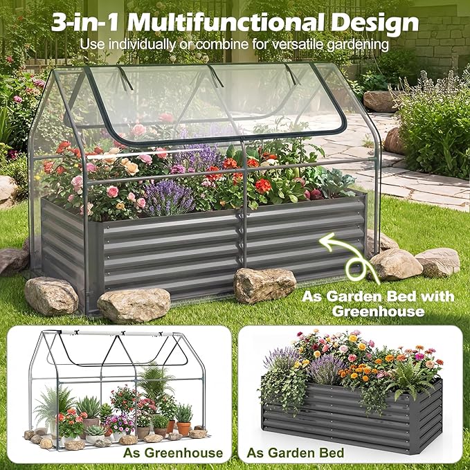 Giantex 3-in-1 Metal Raised Garden Bed with Greenhouse Cover, 6x3x4 FT Metal Elevated Outdoor Planter Box with Roll-Up Windows, Open Base Grow Box for Vegetables, Flowers and Herbs, Black