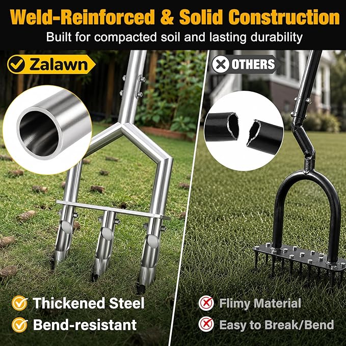 Manual Core Aerator Lawn Tool, Lawn Aerator Tool with 3 Non-Clogging Hollow Tines, Yard Grass Aerator with Ergonomic Rubber Grip, Reinforced Welding for Compacted Soil Lawn Care - Blue