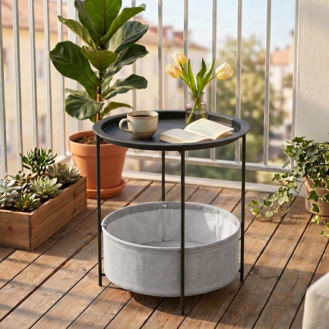 VECELO Round Side/End Table with Fabric Storage Basket，Metal Anti-Rust and Waterproof Small Bedside Nightstand with Removable Tray Top for Living Room，Balcony & Laundry，Black /1pcs with Basket
