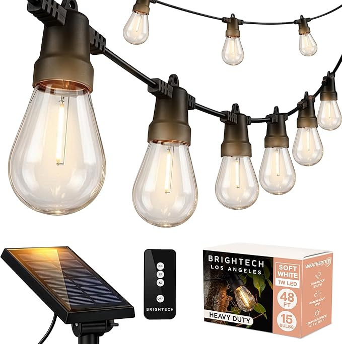 Brightech Ambience Pro Solar Powered Outdoor String Lights, 48ft Remote Control Commercial Grade Waterproof Patio Lights, 15 Edison Bulbs, Shatterproof LED String Lights for Outside - 1W Soft White