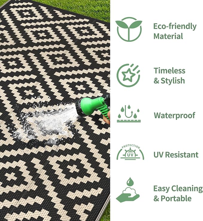 GENIMO 5'x8' Outdoor Rug Waterproof, Reversible Mats, Area Rug, Plastic Outside Carpet, Geometric Rv Mat for Patio Camping Rv Picnic Backyard Deck Balcony Porch Beach Trailer (Black & Beige)