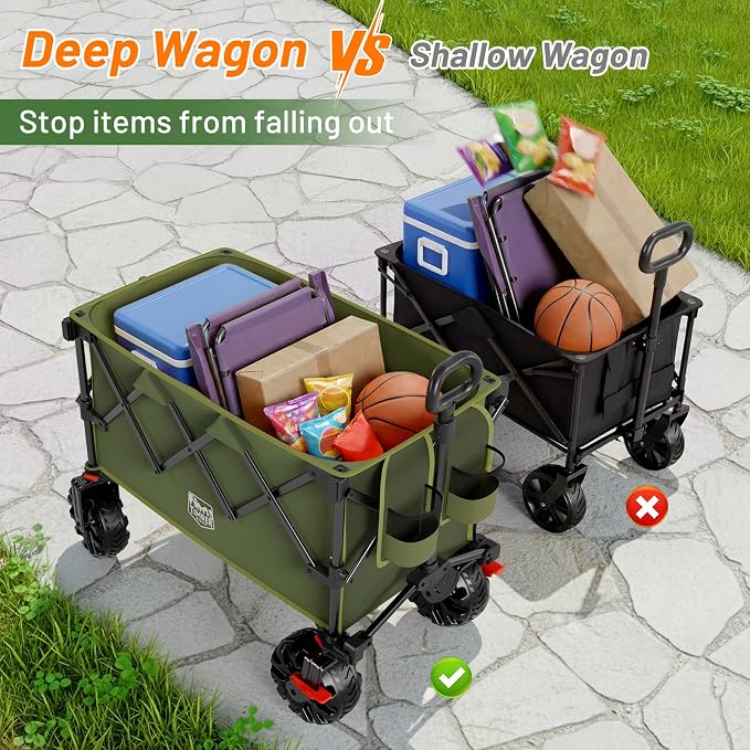 TIMBER RIDGE Outdoor Collapsible Folding Wagon with Brakes and Cup Holders, 500lbs Heavy Duty All Terrain Wheels Utility Cart for Shopping Camping Garden Sports, Green