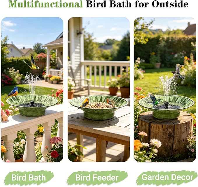 Solar Bird Bath for Outdoors, Metal Solar Birdbath Fountain with 4 Nozzles, 12.4" Bird Bath Fountain for Outside Garden Patio Lawn Decor (Green)