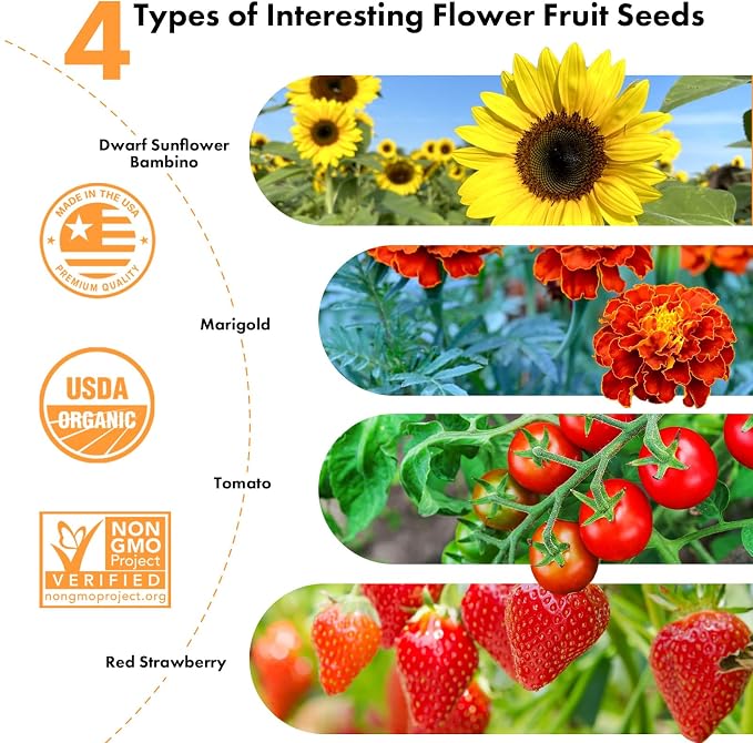 LYKOCLEAN Flower Fruit Seed Pods for AeroGarden, Ahopegarden, iDOO Hydroponics Growing System Indoor, 350 Seeds+ Including Dwarf Sunflower Bambino, Marigold, Red Tomato, Red Strawberry (12-Pods)