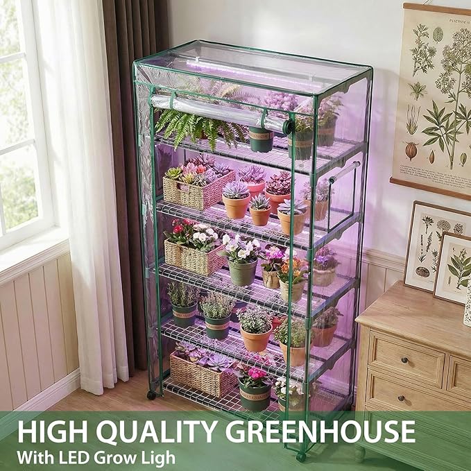 Indoor Greenhouse with Grow Lights & Wheels, 5 Tier Wire Shelf PVC Tent Portable Mini Green House Cabinet Kit for Plant Seed Starting Mushroom Grow (Upgraded)