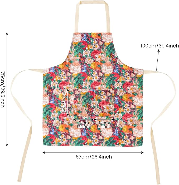 DILLMAN 2 Pack Floral Aprons with Pocket Blooming Womens Waterproof Adjustable Cooking Aprons Kitchen Gardening Salon