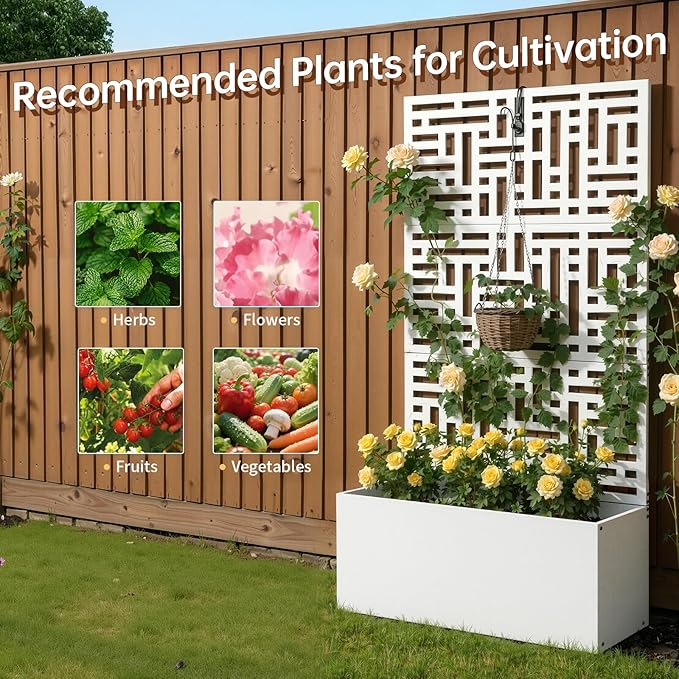VINGLI 71"H Metal Raised Garden Bed with Trellis, Outdoor Planter Box for Climbing Vegetables, Fruits and Flowers, Privacy Screen, for Backyard, Patio, Balcony (White)