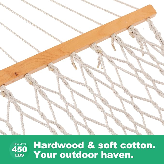 GAFETE Single Rope Hammocks for Outside, Traditional Hand Woven Cotton Hammock with Hardwood Spreader Bar, Max 450 lbs Capacity (Natural Beige, Small)