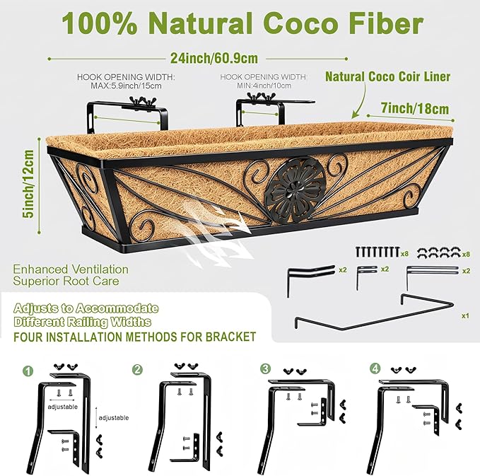 4 Pack 24 Inch Railing Planter Boxes with Coco Liner, Floral Scroll Metal Window Box Planters for Outdoor Plants, Black Hanging Window Baskets for Garden, Patio, Balcony Railing Decor