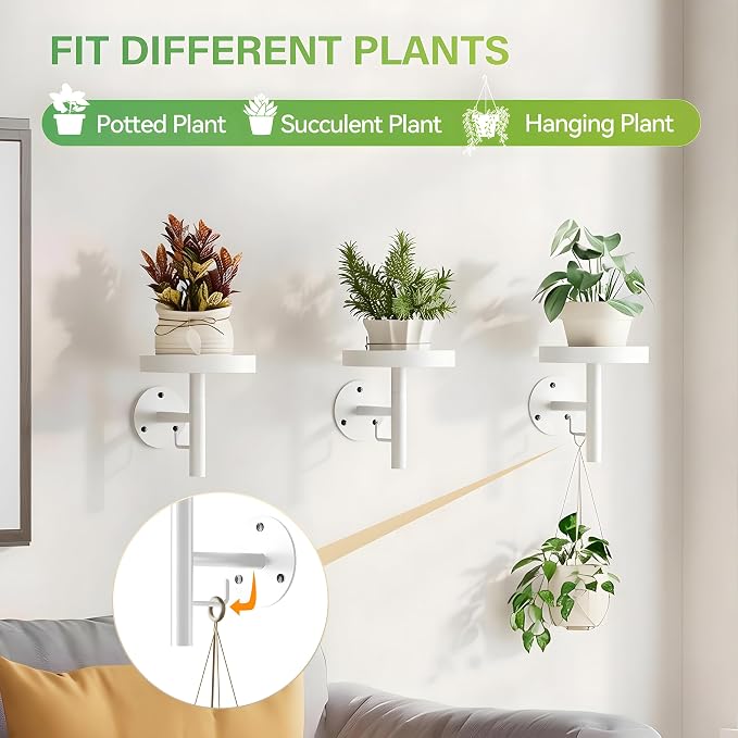 DELLAN Wall Plant Holder, 3 Pack Metal Wall Planters Stand Floating Shelves for Indoor Plants, Window Sill Plant Decor for Bedroom, Bathroom, Living Room, Home, Office, All White