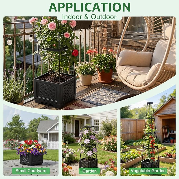 Tomato Planter with Wheels, 57" Self Watering Raised Garden Bed with Tomato Cage & Trellis for Light Climbing Plants, Cherry Tomatoes, Clematis, Herbs, Indoor & Outdoor Gardening for Patios, 1 Pack
