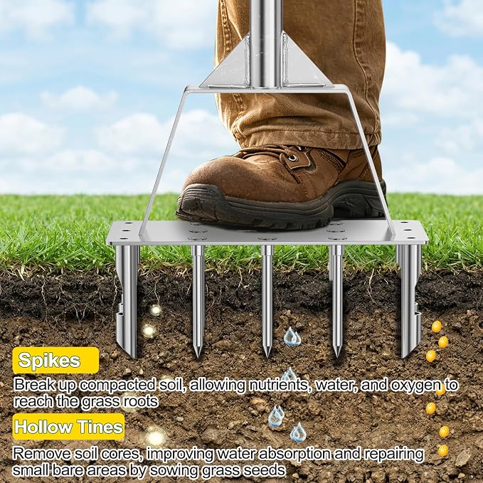 2 in 1 Lawn Aerator & Core Aerator Tool, Stainless Steel Spike Manual Dethatching & Soil Aerator Lawn Tool with 9 Spikes & 6 Cores, Semi-Assembled Grass Aerator for Lawn, Yard Plug Aerator