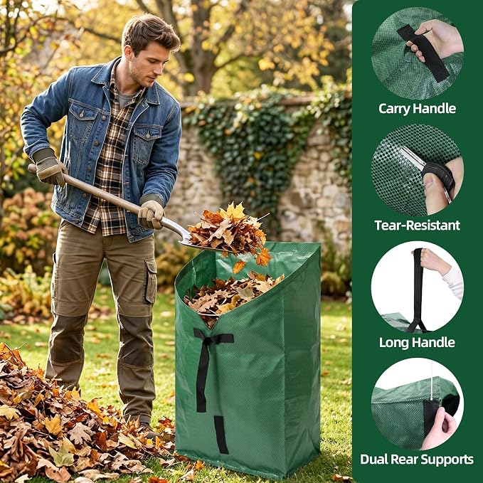 3 Pack 60 Gallon Leaf Collector Bags, Heavy Duty Leaf Pick Up Tool with Fiberglass Support Frame, Reusable Lawn Leaf Pickup Bags, Collapsible Yard Waste Bags for Leaf Cleanup Grass Clippings Debris