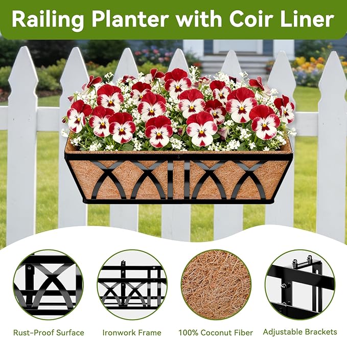 Halatool 24 Inch Railing Planter Box, 2 Pack Window Boxes Planters, Balcony Flower Boxes with Coco Liner & Adjustable Brackets, Hanging Planter Box for Outdoor Fence, Deck, Porch & Garden