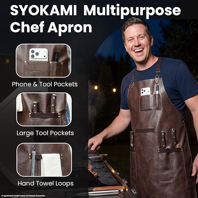 SYOKAMI Bonded Leather Chef Cooking Apron for Men, Cross Back Apron for All-Day Comfort, Waterproof Apron with Multiple Pockets, Great for Kitchen, Garden, BBQ, Butcher Work or Crafts, Ideal Gift