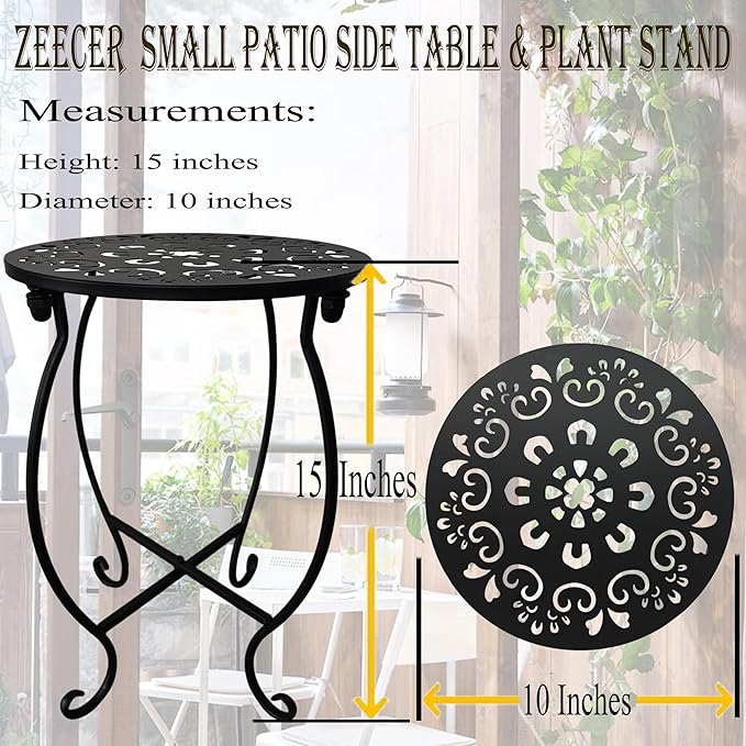 Outdoor Side Tables, 10" Round 15" Tall Patio Side Table, Set of 1 Metal Small Round Side Table for Patio Yard Porch Balcony Garden Bedside, Plant Stand for Indoor Outdoor