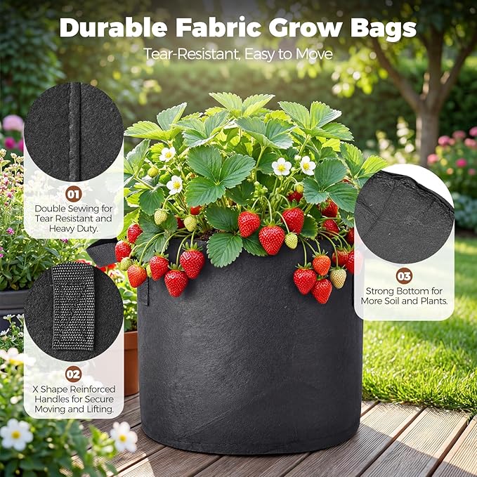 5-Pack 10 Gallon Self Watering Grow Bags with 5pcs Terracotta Watering Spikes, Fabric Growing Plant Bags Garden Planting Pots for Gardening Outdoor, Planter Bags for Potato Tomato Cucumbers Vegetables