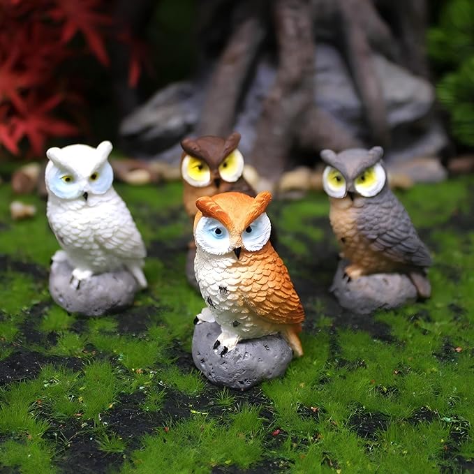 Mini Owl Figurines 4pcs - Fairy Garden Accessories, Miniature Owls for Fairy Garden Decor, Small Owl Gifts for Women Mom Grandma