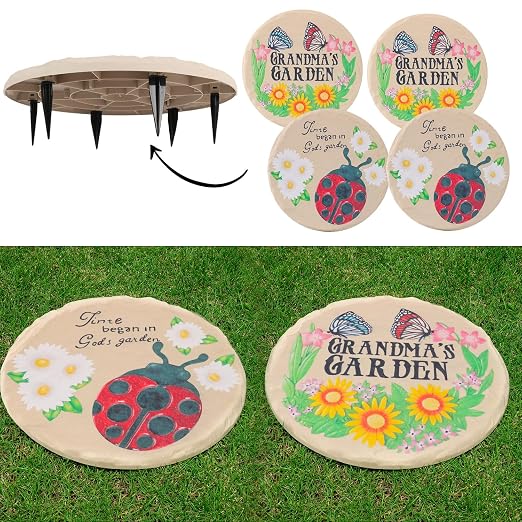 4Pcs Round Sunflower Stepping Stone Outdoor Garden Walkway, Durable Plastic Pavers for Patio, Pathway, and Landscaping, Weatherproof Stepping Stones with Ground Stakes (Round Butterfly)