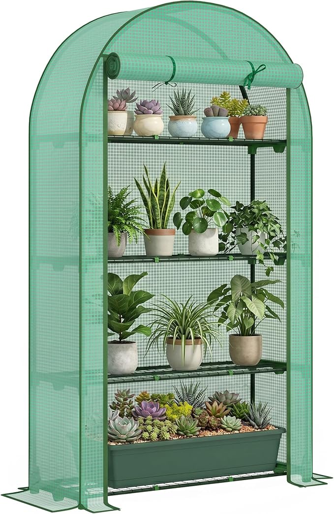 Outsunny 4 Tier Mini Greenhouse, 41.3" x 17.7" x 63" Portable Greenhouse with Roll-Up Door and PE Cover, for Backyard Garden, Green