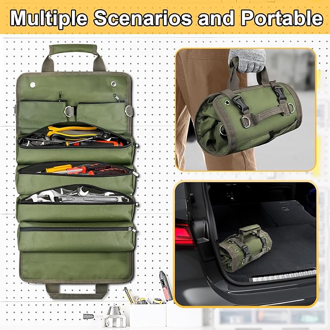 Tool Bag Organizer Roll Up: Gifts for Men Fathers Day Dad Gifts for Him Boyfriend Husband Birthday Portable Motorcycle Tool Box Woodworking Gift for Mechanic Craftsman Electrician Rollup Toolbag