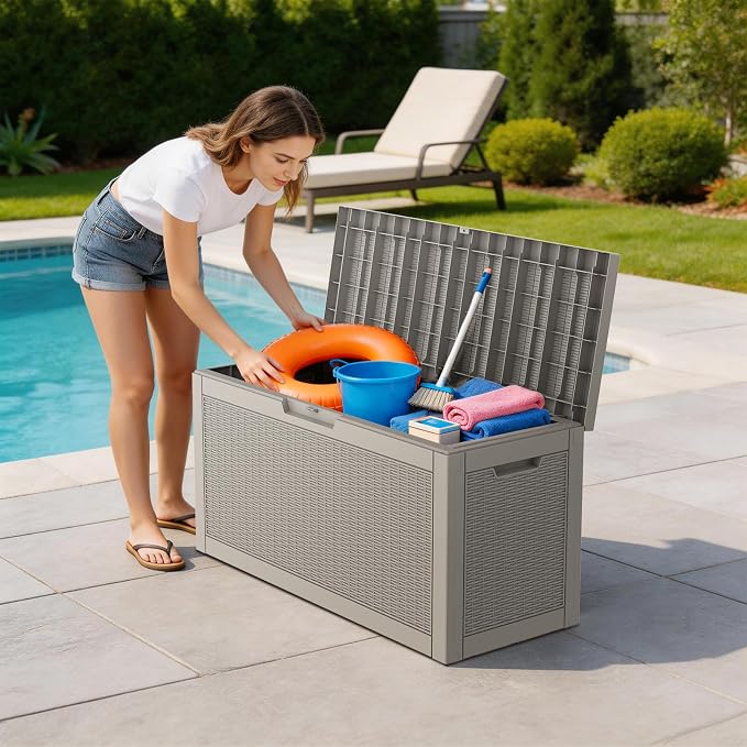 Mars Villa 60 Gallon Deck Box, Waterproof Resin Storage Bin with Lockable Lid, Weatherproof and UV Resistant, for Outdoor Patio Furniture Cushions, Pool Supplies, Garden Tools, Grey