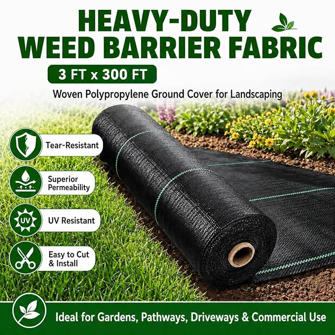 3FT x300FT Heavy Duty Weed Barrier Fabric - Woven Polypropylene Weed Control Ground Cloth for Landscaping | Superior Permeability, Tear-Resistant Landscape Fabric for Driveway, Gardens, Commercial Use
