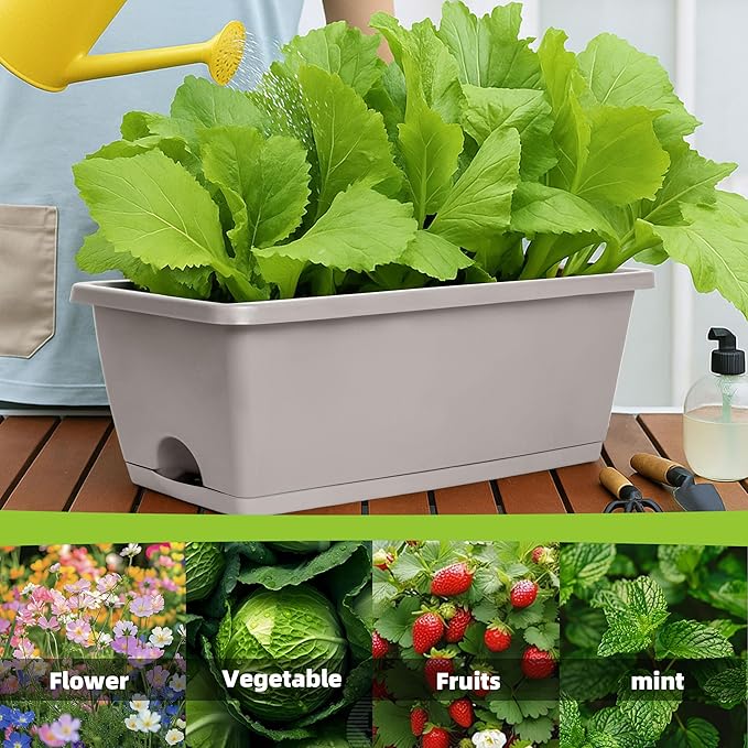 LOCONHA Window Box Planter, Plastic Vegetable Flower Planters Boxes 17 Inches Rectangular Flower Pots with Saucers for Indoor Outdoor Garden, Patio, Home Decor (12, French Grey)