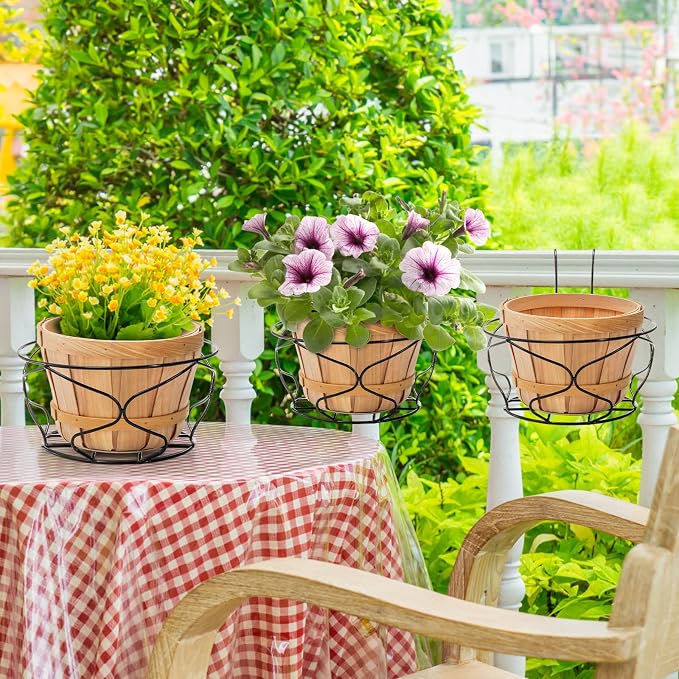 Noamus 3 Pack 10" Hanging Railing Planters Basket, Round Iron Rack Fence Shelf, Metal Wire Flower Pot Holder, Plants Hangers with Detachable Hook for Balcony Garden Indoor and Outdoor (Black)