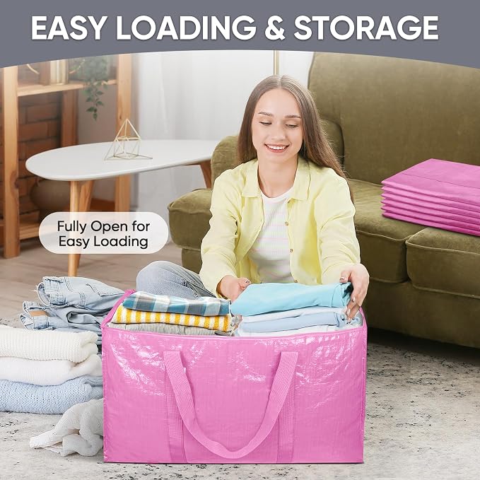 TICONN 2 Pack Extra Large Moving Bags Heavy Duty with Zippers & Carrying Handles, Durable Storage Bags Moving Boxes for Closet Organizers and Storage (2 Pack, Pink)