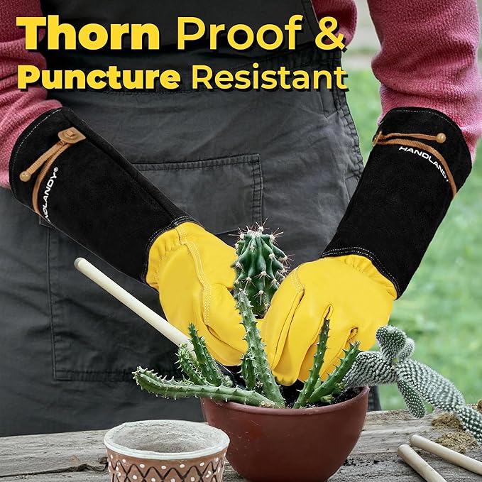 HANDLANDY Long Gardening Gloves for Men & Women, Cowhide Leather Rose Pruning Gloves, Breathable Thorn Proof Gauntlet Glove (Mustard Yellow, XL)