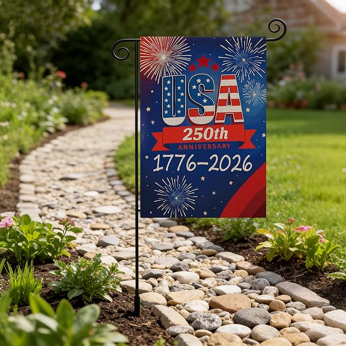 250 Anniversary Usa Garden Flags for Outside, 250 Anniversary USA Flag with Fireworks Design, 1776-2026 Patriotic 4th of July Decorations Yard Sign Double-Sided Waterproof Flag 12x18 Inch 250 Year American Flag
