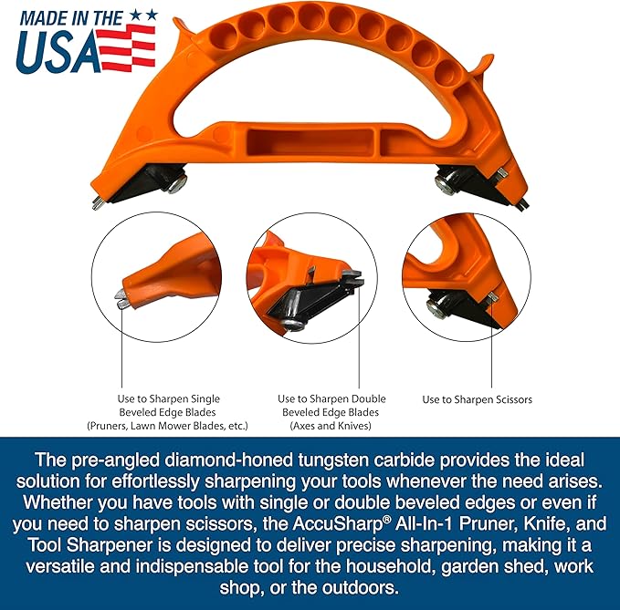 AccuSharp All-in-One Sharpener, All Purpose Sharpener for Knives, Scissors, Garden Tools, Sharpens & Restores Serrated Knives, Cleavers, Axes, Machete, Orange