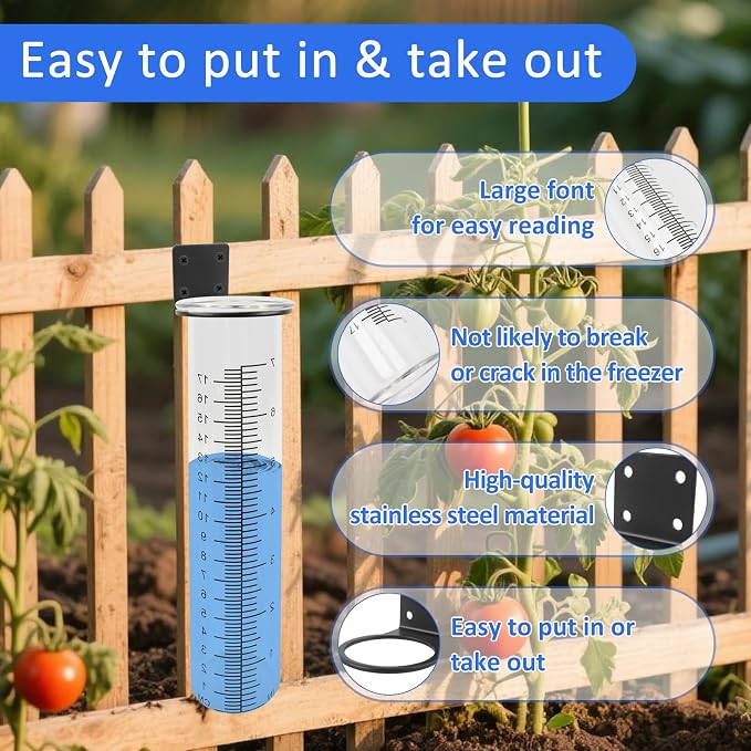 TBWHL 7" Capacity Rain Gauge Replacement Tube Glass with Stainless Steel Rack Holder, Decorative Rain Gauge Outdoor Measure Gauge for Yard Garden Fence Lawn Farm