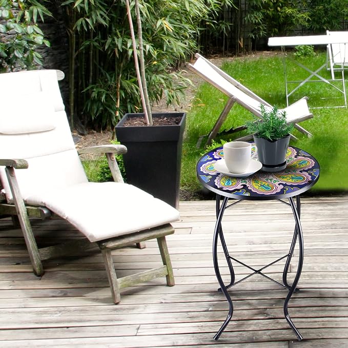 Arbuxzuy 12 Inch Small Outdoor Side Table with Purple Flower, Glass Mosaic Patio Table Indoor, Round Plant Coffee Table for Living Room, Balcony, Garden